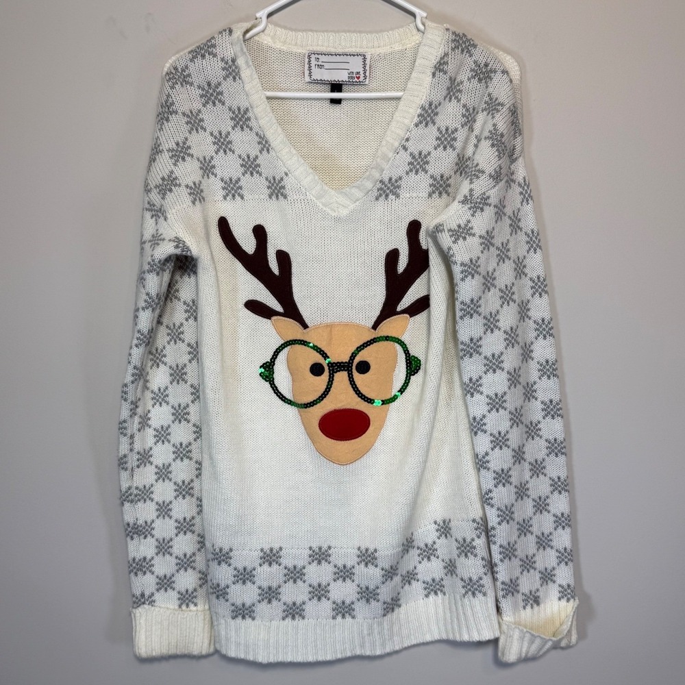 With Love Derek Reindeer Sweater Womens L White Sequin Glasses Holiday Festive